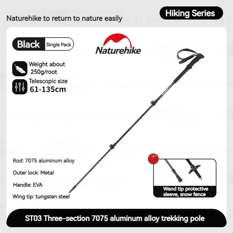 Naturehike ST03 Trekking Pole 62-135cm Outdoor Aluminum Alloy Climbing Rod External Lock 3 Sections Telescopic Hiking Equipment